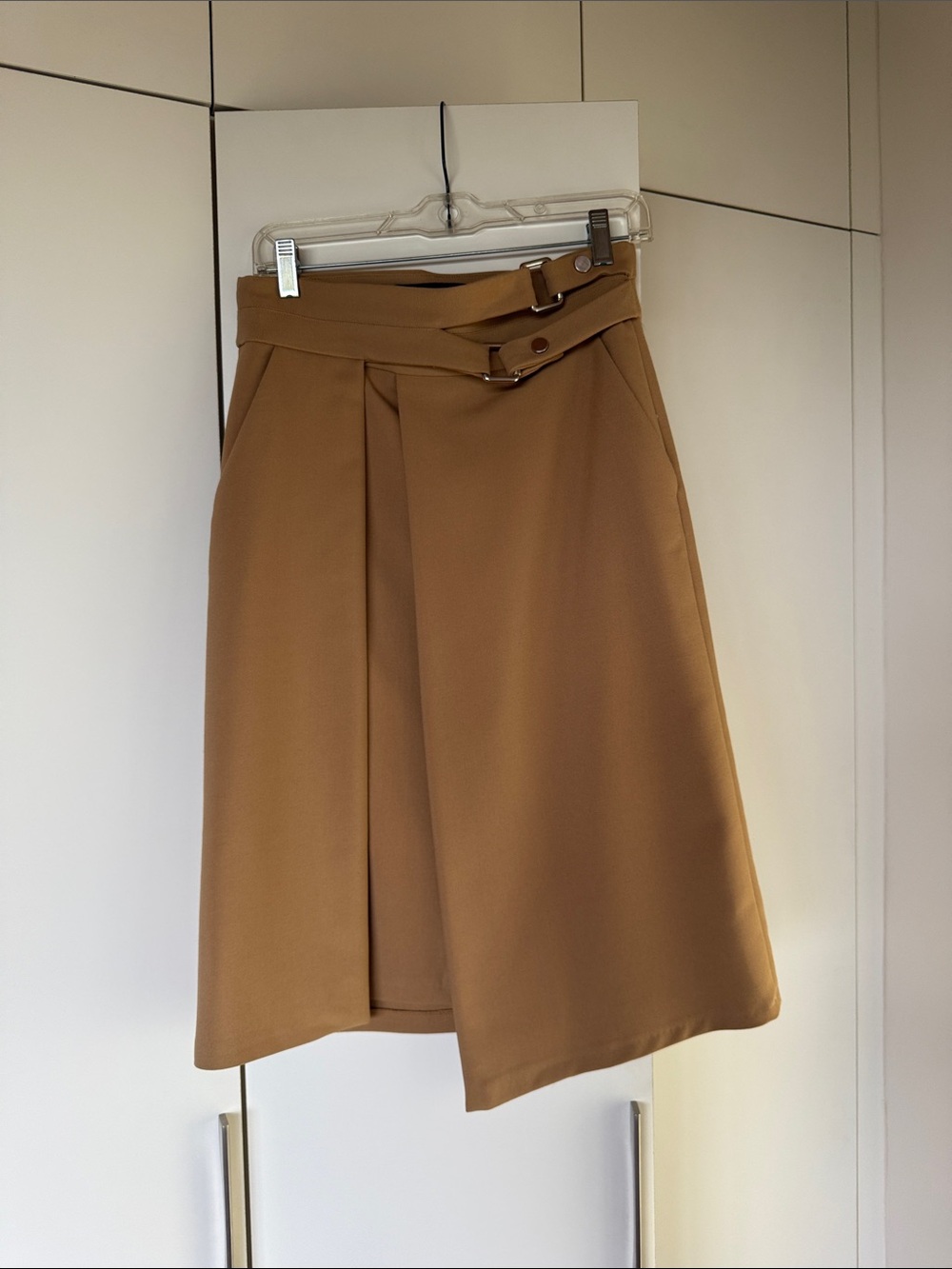 Zara Camel A-Line Wrap Skirt with Buckle Straps